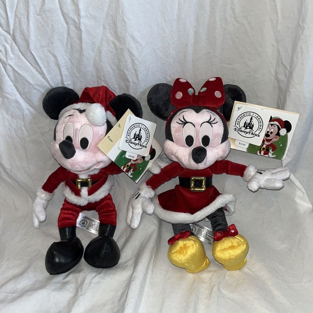 Disney Parks Retro Christmas MICKEY & MINNIE MOUSE 9” Bean Bag Plush Set NEW NWT